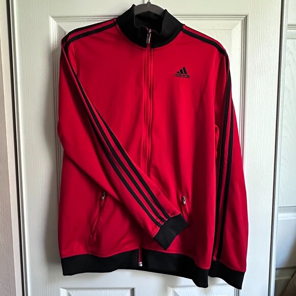 Adidas Athletic Track Jacket Boy’s XL 18 Full Zip Red Black 3 Stripes Mock Neck - Picture 1 of 10